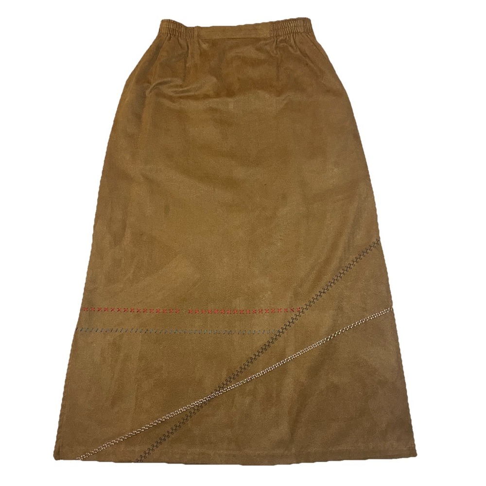 Koret Brown Faux Suede A-Line Midi Skirt Pull On Elastic Waist Embroidered M